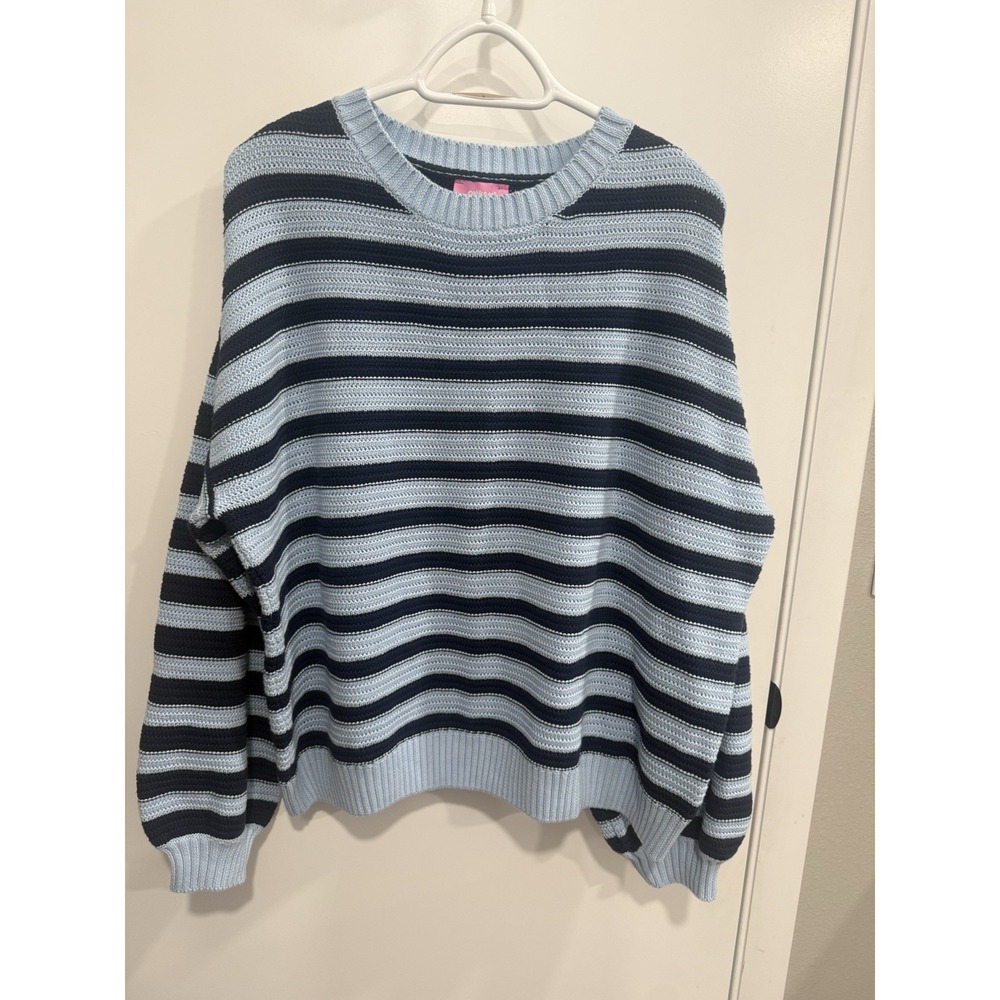 Edikted Women's Crochet Crew Neck Sweater Blue Stripes, Size M L